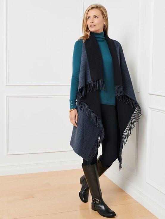 Talbots Jackets & Blazers - Talbots Women’s Plaid Wrap Vest Fringe Trim Blue Size XS/S NWT